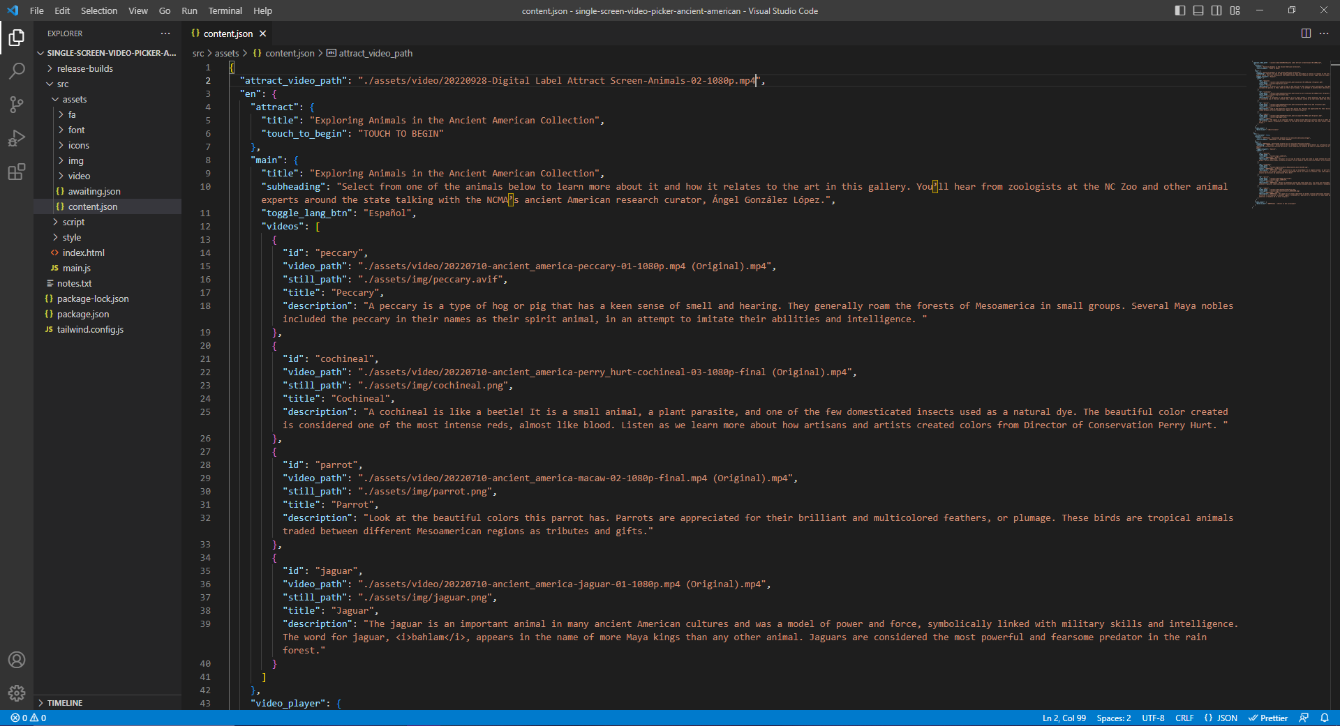 A screenshot of a text editor with English content data written in JSON format