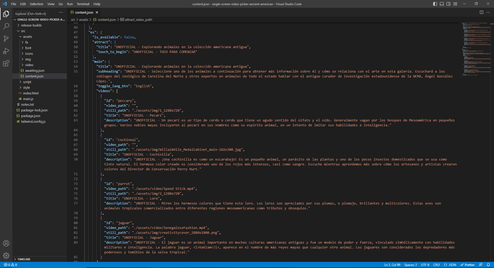 A screenshot of a text editor with Spanish content data written in JSON format