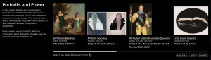 A screenshot of a UI menu showing four paintings with a thematic overview titled “Portraits & Power”