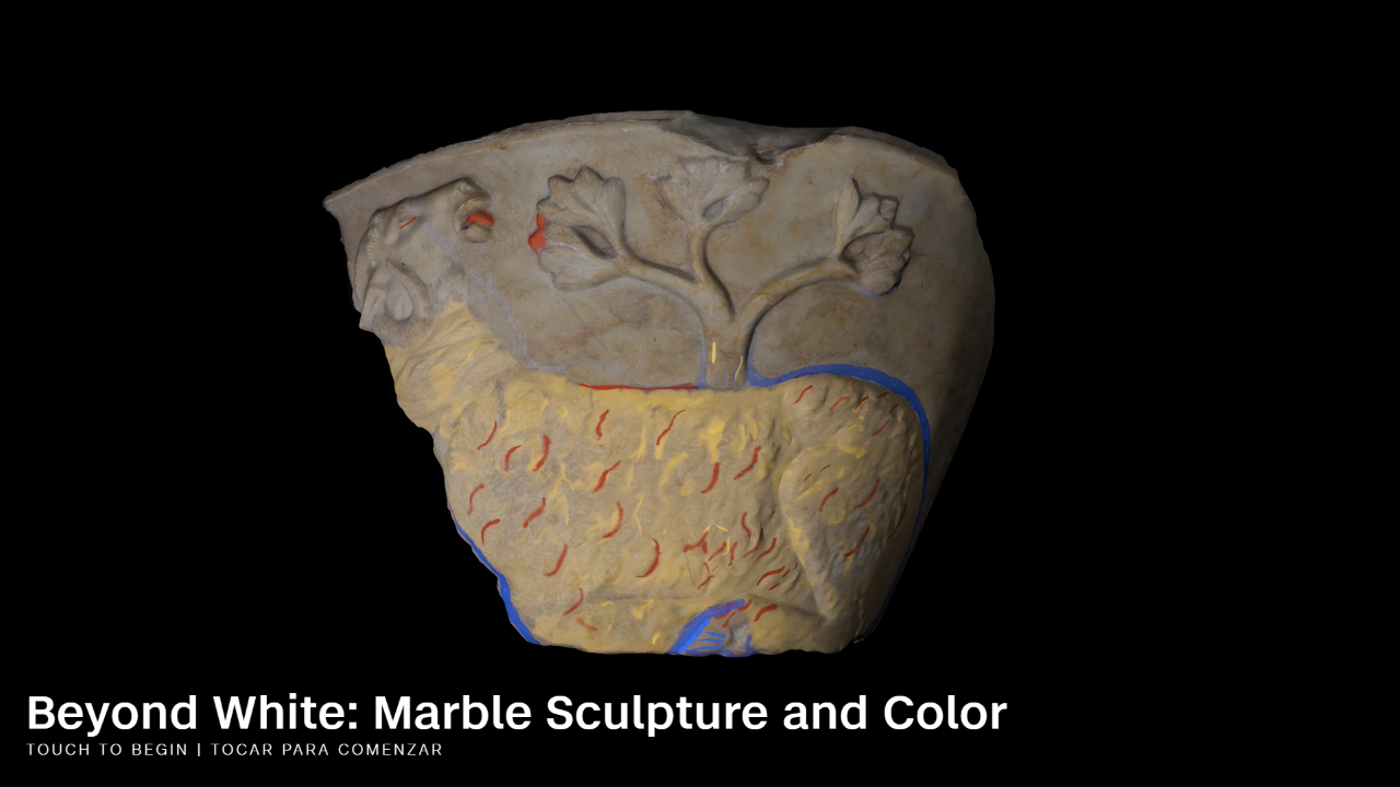 A 3D representation of an ancient marble sculpture with colored pigment acts as the idle state for a kiosk application