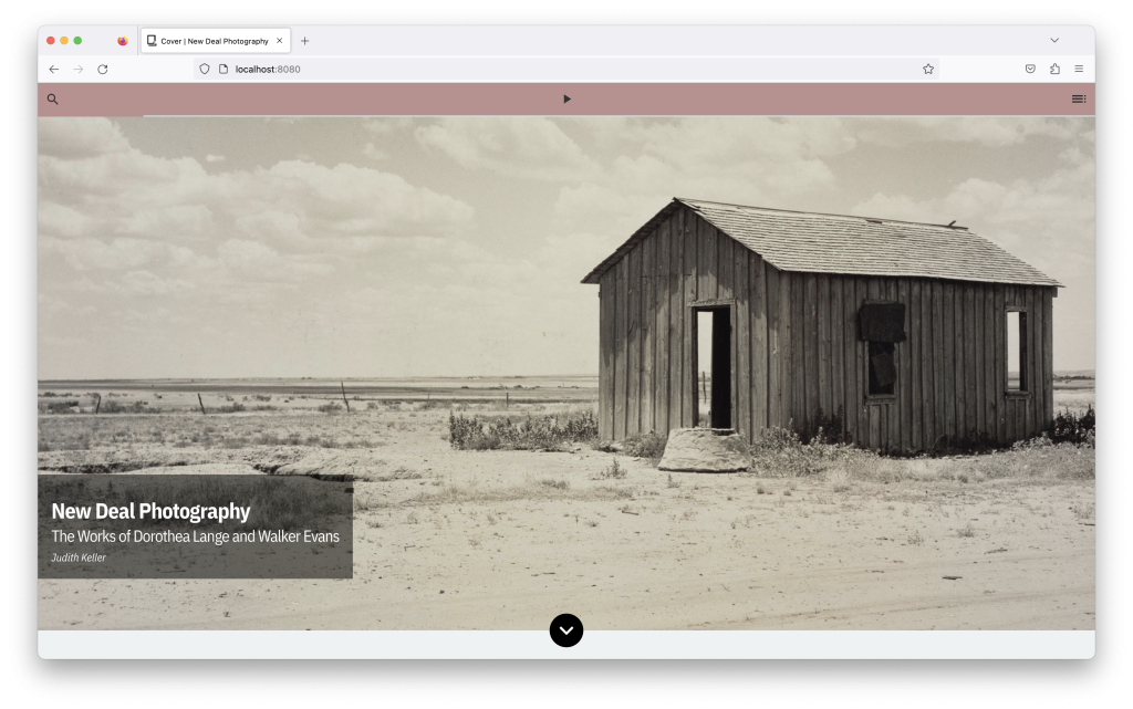 A screenshot showing a browser open to the homepage of “New Deal Photography.” The sepia-toned photograph of a wooden shack in a desert landscape now has a dusty pink navigation bar running across the top of the screen just below the URL.