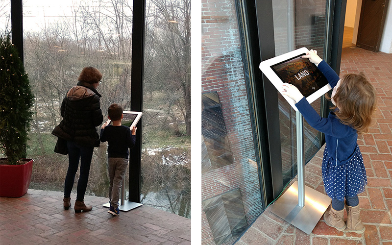 An image on the left of a parent and child using a touchscreen kiosk and an image on the left of a small child using the same kiosk.