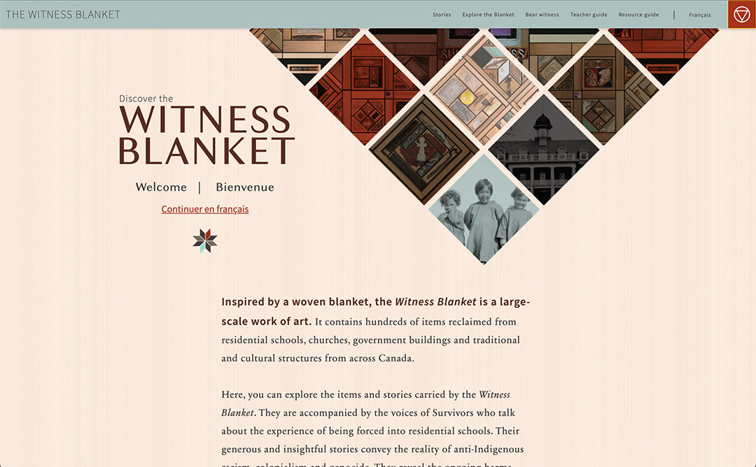 Screenshot of the homepage of witnessblanket.ca displaying a welcome message beside a set of geometric tiles.