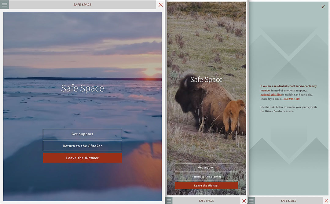 Screenshots of a tablet featuring a winter scene, a mobile screenshot featuring a baby buffalo and its mother, and a mobile screenshot with text including a one-eight hundred number for support.