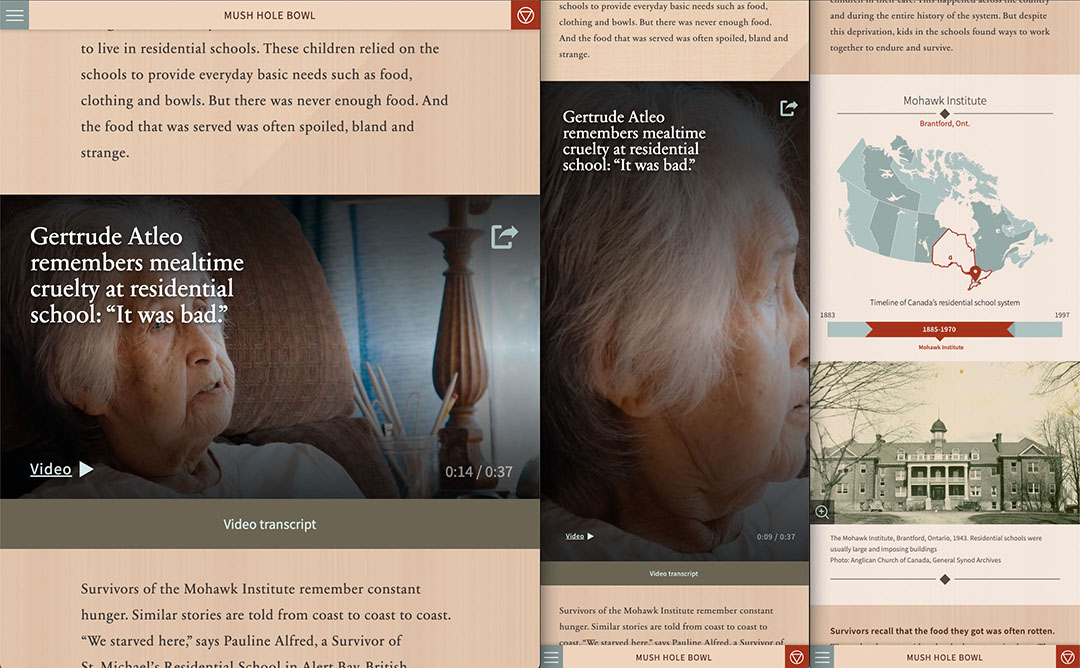 Screenshots of a tablet page with a video playback window at the center featuring an elderly female sitting in a recliner, and two additional mobile screen captures featuring the same design in different ratios.